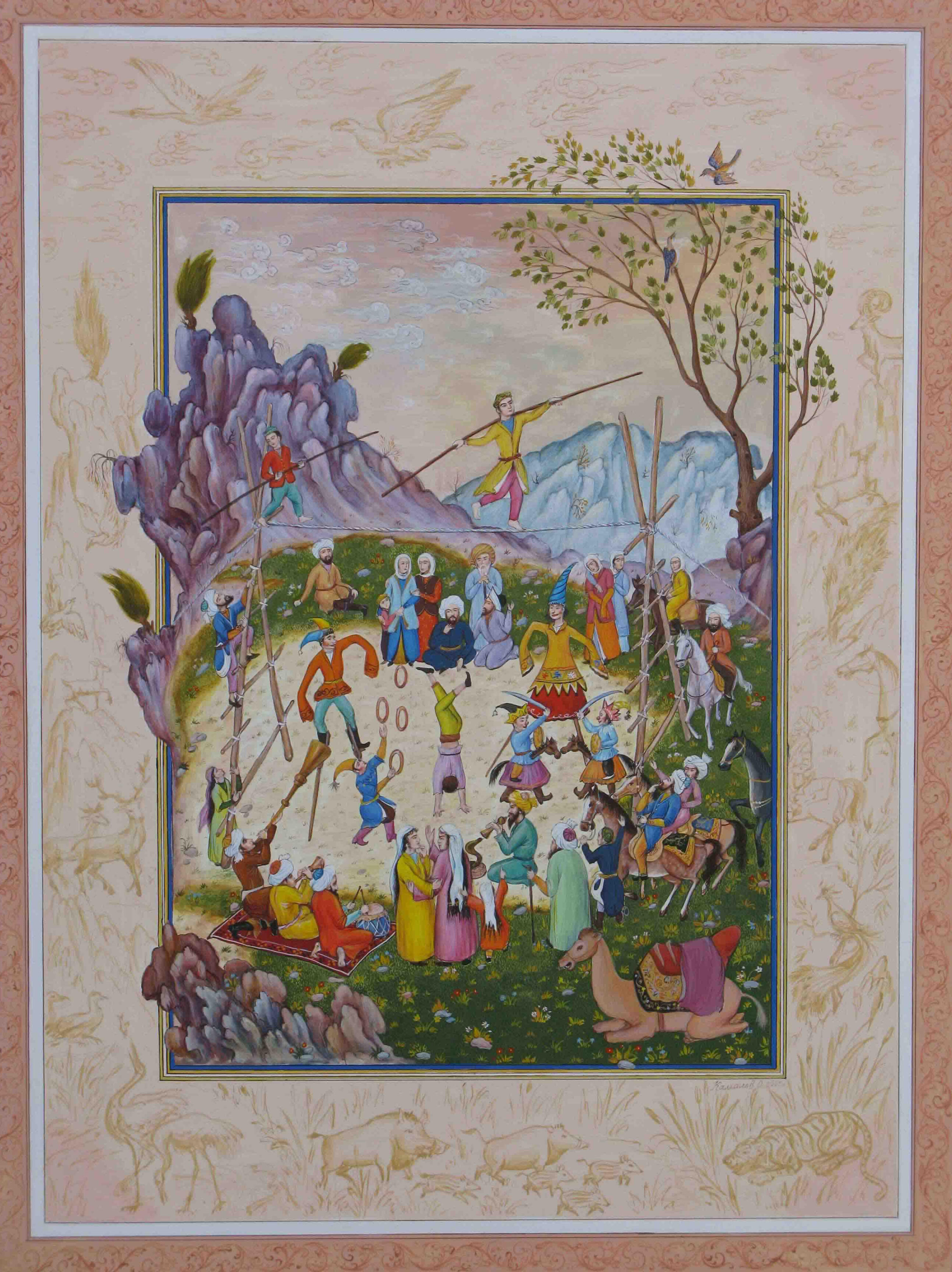 Photo of Olim Kamolzoda sitting at the desk in his workshop. He is the Honoured Artist of the Republic of Tajikistan, a Member of the Union of Artists of the Republic of Tajikistan, and a Specialist of the Miniature Art. Studying the specifics of the work