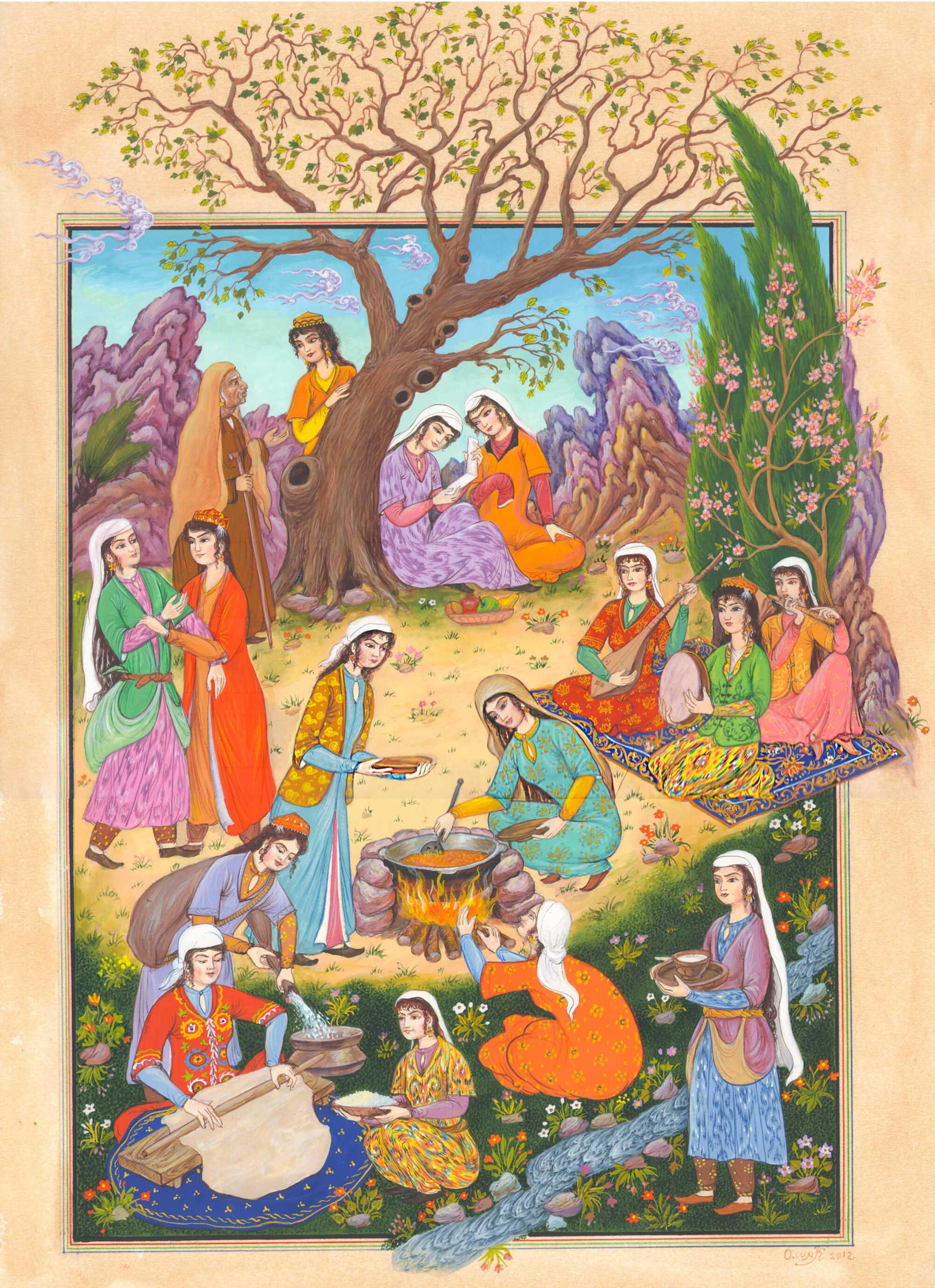 Photo of Olim Kamolzoda sitting at the desk in his workshop. He is the Honoured Artist of the Republic of Tajikistan, a Member of the Union of Artists of the Republic of Tajikistan, and a Specialist of the Miniature Art. Studying the specifics of the work