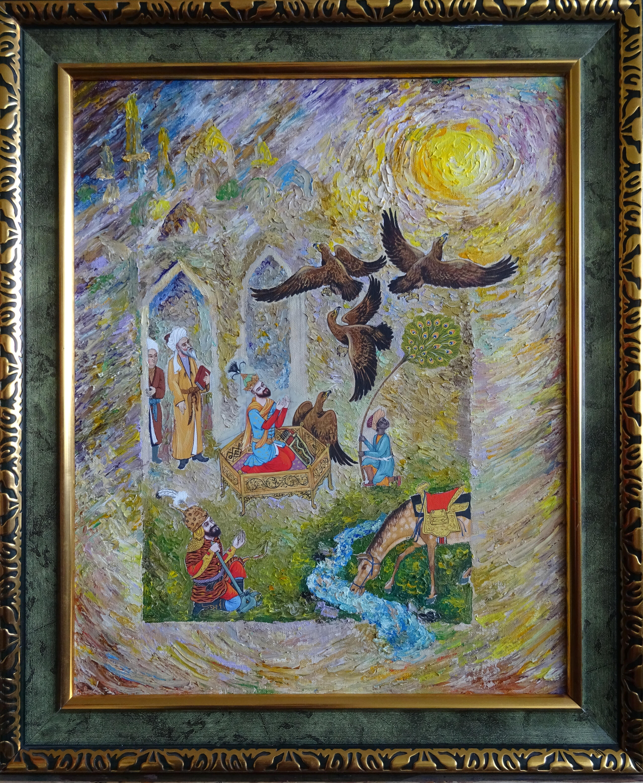 Photo of Olim Kamolzoda sitting at the desk in his workshop. He is the Honoured Artist of the Republic of Tajikistan, a Member of the Union of Artists of the Republic of Tajikistan, and a Specialist of the Miniature Art. Studying the specifics of the work